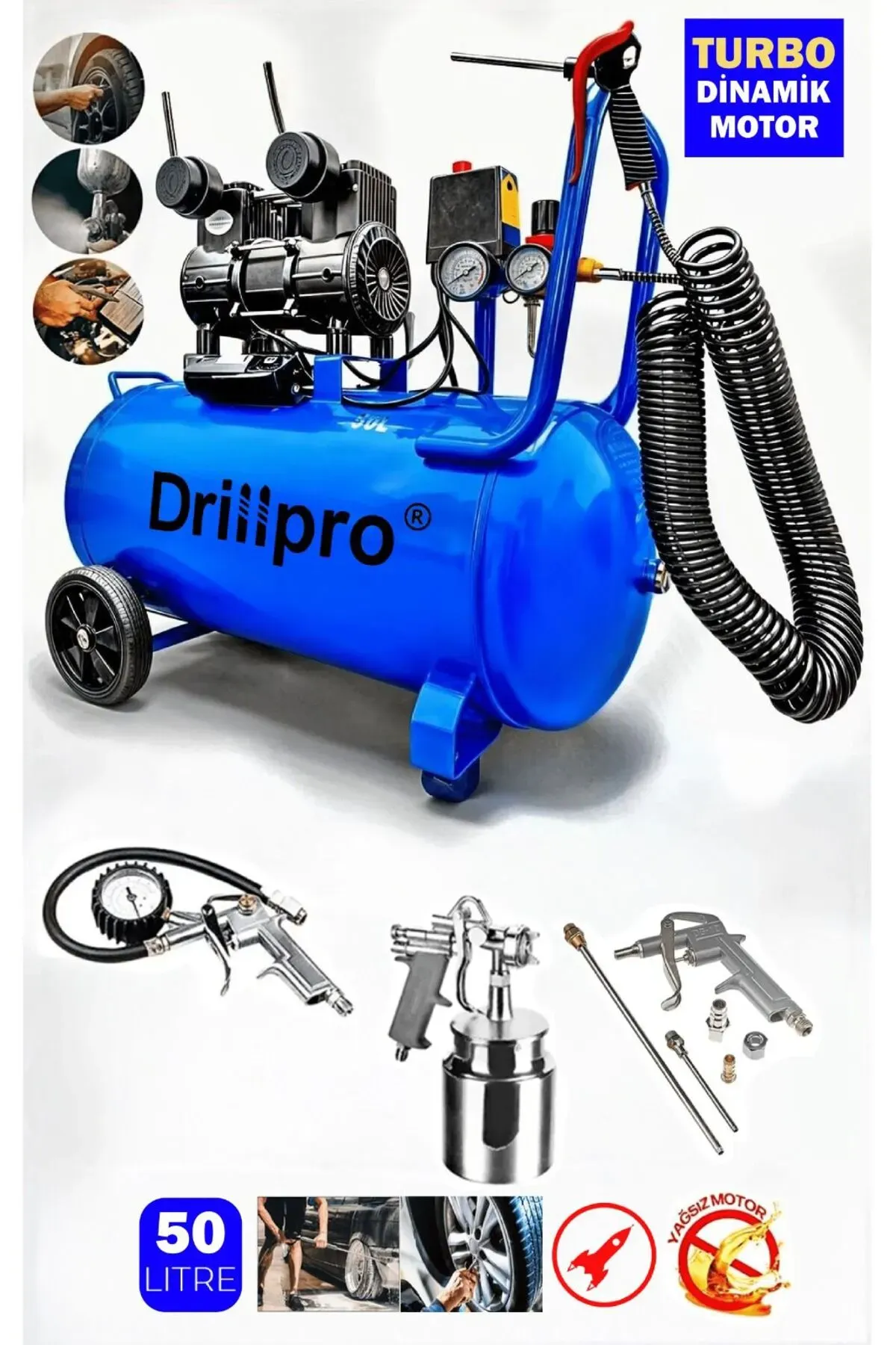 Drillpro 50 Lt Sessiz Hava Kompresörü 5 Parça Havalı Profesyonel Set Hediyeli