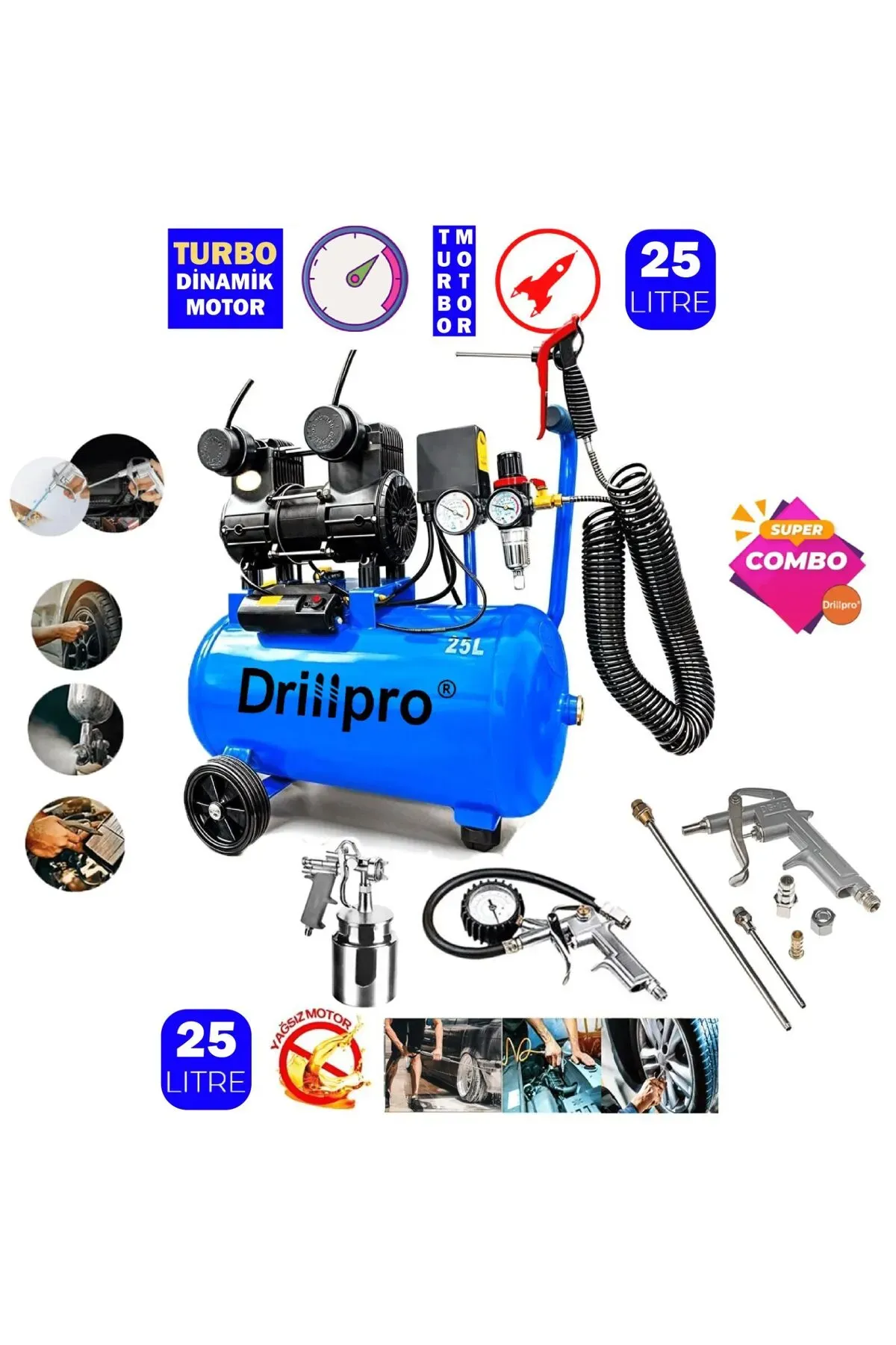 DRİLLPRO 25 Lt Sessiz Hava Kompresörü 5 Parça Havalı Profesyonel Set Hediyeli